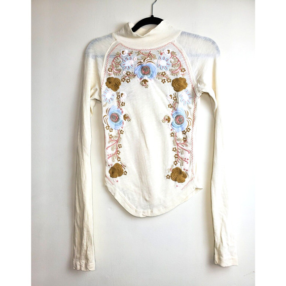 Free People Womens Top Disco Rose Heavily Embroidered Floral Ivory Cream Boho - Picture 11 of 12